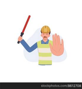 Male engineer Wearing a Yellow Hard Hat and Safety Vest Signaling Stop Using a Red Baton. Vector illustration