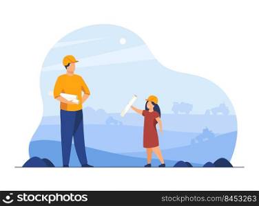 Male engineer working onsite with his kid. Helmet, father working with child. Flat vector illustration. Family, fatherhood, engineering concept for banner, website design or landing web page