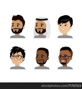 Male face avatars different races and nation,characters isolated on white background,cartoon vector illustration