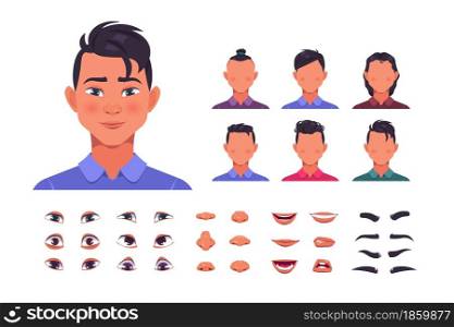 Male face constructor. Man character avatar kit with hair and face shapes. Eyes with eyebrows collection. Nose and lips editable mockup. Hairstyle creation. Vector cartoon isolated facial elements set. Male face constructor. Man character avatar kit with hair and face shapes. Eyes with eyebrows collection. Nose and lips mockup. Hairstyle creation. Vector cartoon facial elements set
