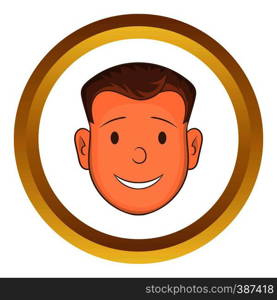 Male face vector icon in golden circle, cartoon style isolated on white background. Male face vector icon