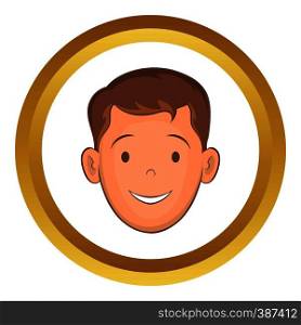 Male face with haircut vector icon in golden circle, cartoon style isolated on white background. Male face with haircut vector icon