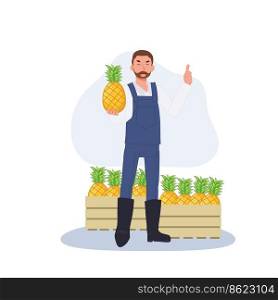 Male farmer is promoting fruit products. good Fresh big juicy pineapple. natural food. flat vector illustration
