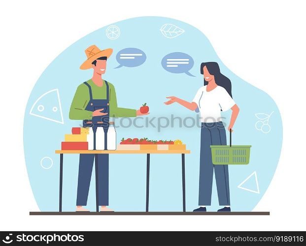 Male farmer selling produce to female customer at farmers market. Woman local products buying, grosery store, eco bio natural vegetables and milk, cartoon flat isolated illustration. Vector concept. Male farmer selling produce to female customer at farmers market. Woman local products buying, grosery store, eco bio natural vegetables and milk, cartoon flat isolated vector concept