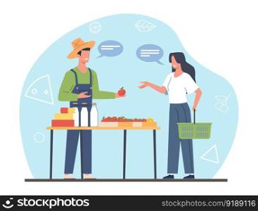 Male farmer selling produce to female customer at farmers market. Woman local products buying, grosery store, eco bio natural vegetables and milk, cartoon flat isolated illustration. Vector concept. Male farmer selling produce to female customer at farmers market. Woman local products buying, grosery store, eco bio natural vegetables and milk, cartoon flat isolated vector concept