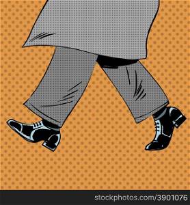 Male feet are shoes wind coat pop art comics retro style Halftone. Imitation of old illustrations. Male feet are shoes wind coat pop art comics retro style Halfton