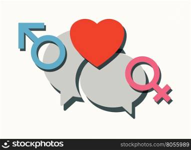 male female and heart symbols with speech bubbles as love chatting concept abstract vector illustration