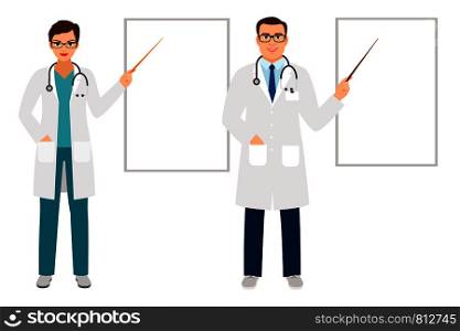 Male female doctors standing and pointing on presentation board isolated on white background. Doctors pointing on presentation board