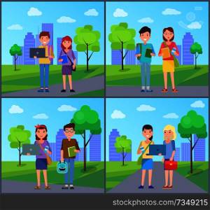 Male female students with handbags, modern rucksacks, notebook devices, paper textbooks on background of green trees and skyscraper buildings vector set. Male and Female Students with Handbags Vector Set