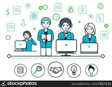 Male female working at support center, people at work with laptops vector. Magnifying glass, handshake and light bulb, electric lamp symbolizing idea. Male and Female at Support Center People Vector