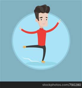 Male figure skater performing on ice skating rink. Young ice skater dancing. Caucasian male figure skater posing on skates. Vector flat design illustration in the circle isolated on background.. Male figure skater vector illustration.