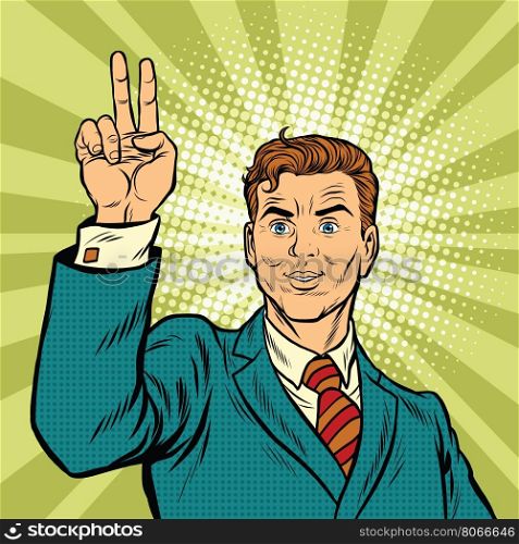 Male fingers of a hand shows the number one, pop art retro vector illustration. victory
