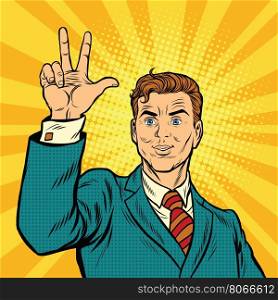Male fingers of a hand shows the number three, pop art retro vector illustration. victory