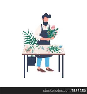 Male florist flat color vector faceless character. Man care for flowers. Workshop on horticulture. Creative hobby isolated cartoon illustration for web graphic design and animation. Male florist flat color vector faceless character