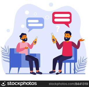 Male friends drinking beer and talking at home. Bearded men sitting with bottles and having conversation flat vector illustration. Male break concept for banner, website design or landing web page