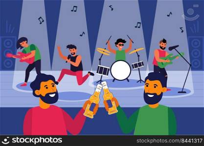 Male friends drinking beer in nightclub. Bearded men toasting bottles at live concert flat vector illustration. Male leisure concept for banner, website design or landing web page