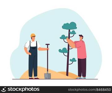 Male friends planting tree together. Man in hardhat and uniform with shovel, guy with plant flat vector illustration. Nature, ecology, environment concept for banner, website design or landing page