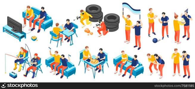 Male friendship isometric icons set with two men fishing playing eating resting watching tv together 3d isolated vector illustration