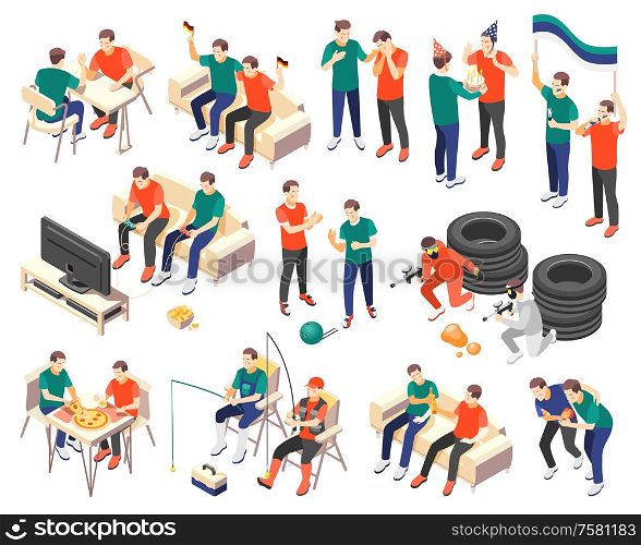 Male friendship set of 3d icons with men spending time together isolated vector illustration