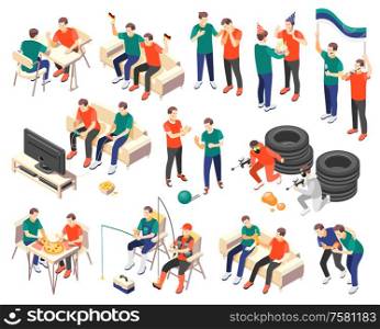 Male friendship set of 3d icons with men spending time together isolated vector illustration