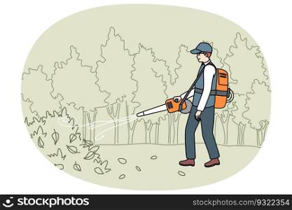 Male gardener in uniform collection leaves with handy vacuum. Man handyman working outdoors in autumn cleaning ground in garden on backyard. Flat vector illustration.. Gardener clean garden from leaves