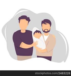 Male gay couple adopting baby. Two happy men holding new born child. vector illustration. Happy LGBT family with newborn son. parenthood, child care, concept for banner, website design 