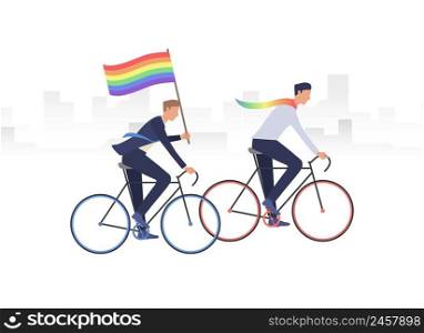 Male gay couple riding bikes. Two men riding bicycle and holding with rainbow flag. Homosexuality concept. Vector illustration can be used for topics like LGBTQ pride, gay, community. Male gay couple riding bikes