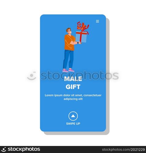 Male Gift Packaging Getting Man On Birthday Vector. Male Gift Box Decorated Celebrative Ribbon With Bow Get Boy On Christmas Celebration Holiday. Character Web Flat Cartoon Illustration. Male Gift Packaging Getting Man On Birthday Vector