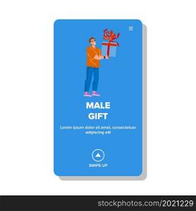 Male Gift Packaging Getting Man On Birthday Vector. Male Gift Box Decorated Celebrative Ribbon With Bow Get Boy On Christmas Celebration Holiday. Character Web Flat Cartoon Illustration. Male Gift Packaging Getting Man On Birthday Vector