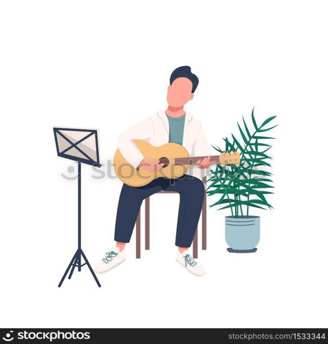Male guitarist flat color vector faceless character. Man with acoustic guitar. Guy learn new skill. Activity for pastime. Musician isolated cartoon illustration for web graphic design and animation. Male guitarist flat color vector faceless character