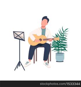 Male guitarist flat color vector faceless character. Man with acoustic guitar. Guy learn new skill. Activity for pastime. Musician isolated cartoon illustration for web graphic design and animation. Male guitarist flat color vector faceless character
