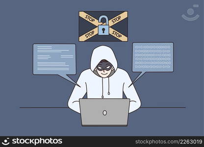 Male hacker in hood and mask use laptop steal personal data on internet. Man cyber thief hack program on computer. Online information security and safety concept. Vector illustration.. Male hacker steal personal data from computer