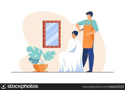 Male hairdresser brushing hair of woman. Hair stylist with comb, female customer, workplace flat vector illustration. Beauty salon, haircut concept for banner, website design or landing web page