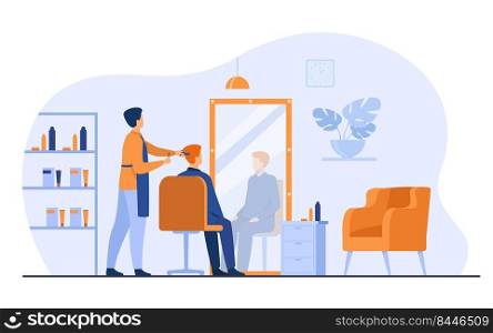 Male hairdressing beauty salon interior isolated flat vector illustration. Cartoon stylist or beautician cutting client hair in barbershop. Appearance and beauty concept