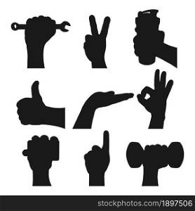 Male hand gestures. Black silhouette. Design element. Vector illustration isolated on white background. Template for books, stickers, posters, cards, clothes.