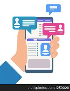 Male Hand Holding Cellphone with Chat Communication. Talking with People Online. Chat Conversation by Phone. Smartphone with Messages on White Background. Social Networking Flat Vector Illustration.. Hand Holding Cellphone with Chat Communication.