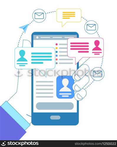 Male Hand Holding Gadget. Chat Messages Notification on Smartphone, Sms Bubbles on Mobile Phone Screen, Man Person Chatting on Cellphone with Friends or Business Partners. Flat Vector Illustration. Male Hand Holding Gadget. Messages Notification