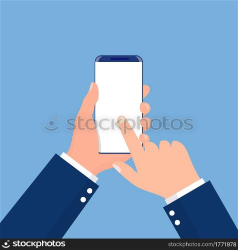 Male hand holding phone and pointing on the blank screen for add object. for your web sites, applications, web design. Business style. Vector illustration in flat style. Male hand holding phone