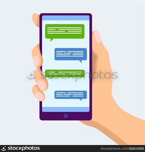 Male hand holding smartphone with message chart on screen vector flat illustration. Human arm with mobile phone messenger application on display isolated on white. Modern online communication