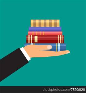 Male hand holds a stack of books. Vector illustration