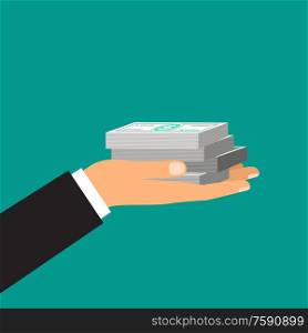 Male hand holds a stack of dollars. Vector illustration