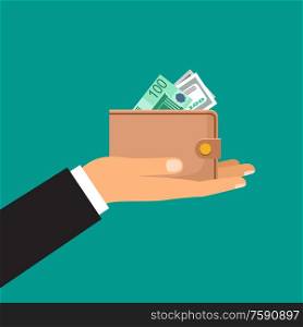 Male hand holds a wallet with money. Vector illustration