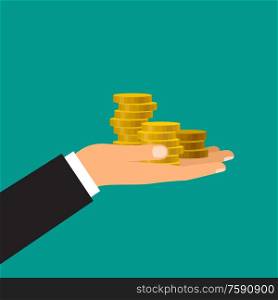 Male hand holds coins. Vector illustration
