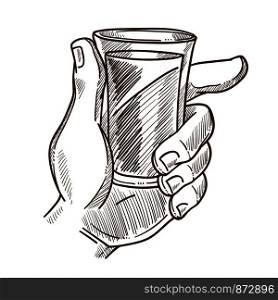 Male hand holds small glass with alcohol drink sketch. Delicious beverage in elegant fragile glassware strong mans palm isolated cartoon flat monochrome vector illustration on white background.. Male hand holds glass with drink monochrome illustration