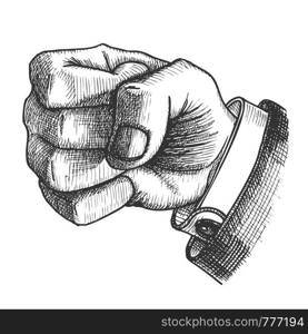 Male Hand Make Fist Gesture Monochrome Vector. Man Showing Gesture Sign Like Holding Balloon Cord Stick Or Ready For Fight. Pressed Thumb Forefinger Middle Annulary And Pinkie Finger Illustration. Male Hand Make Fist Gesture Monochrome Vector