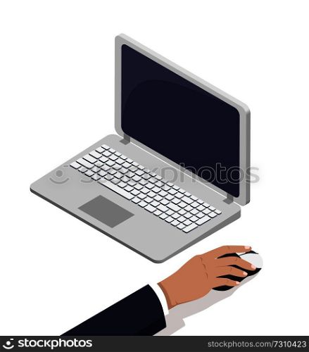 Male hand near open laptop touching computer mouse vector illustration isolated on white background. Earning money via Internet concept, online business. Male Hand Near Open Laptop Touching Computer Mouse