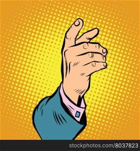 Male hand pointing or holding pop art retro vector. Part of the body. Realistic male hand. Male hand pointing or holding