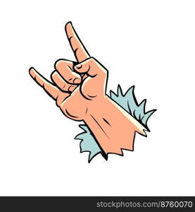 male hand rock gesture goat, music fans emotions delight support. Freedom symbol. Comic cartoon hand illustration retro style. male hand rock gesture goat, music fans emotions delight support. Freedom symbol