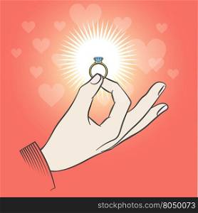 Male hand with wedding ring. Male hand with wedding diamond ring. Marriage proposal vector illustration