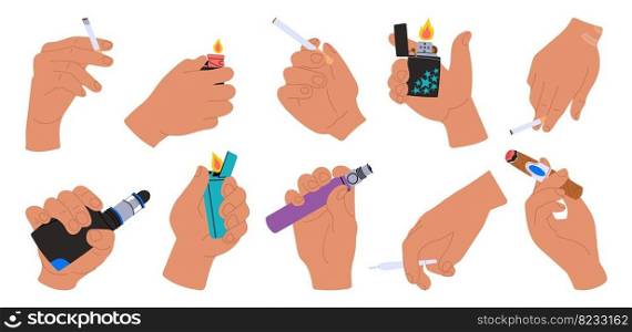Male hands hold cigarettes and lighters, vapes. E-cigarettes, burning lighter with fire flame in human hand. Cigar, smoking people decent vector set of lighter gas in hand illustration. Male hands hold cigarettes and lighters, vapes. E-cigarettes, burning lighter with fire flame in human hand. Cigar, smoking people decent vector set